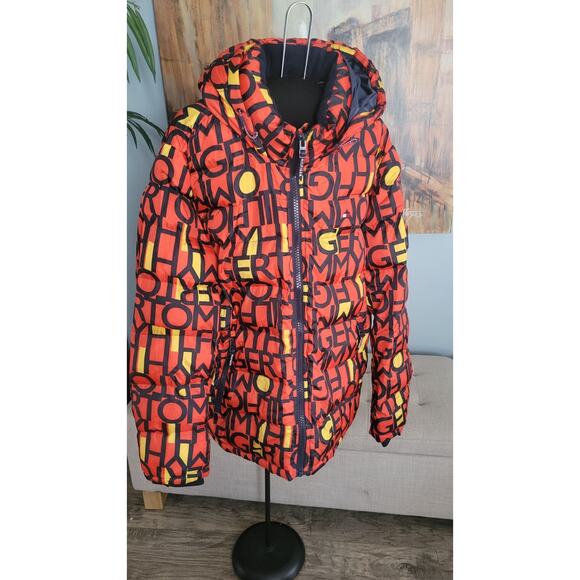 Tommy Hilfiger Men's XL Orange All Over Logo Quilted Puffer Hooded Coat - Picture 1 of 9
